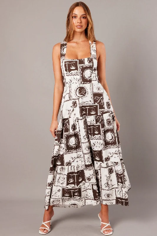 Brown Abstract Maxi Dress Square Neck Tiered