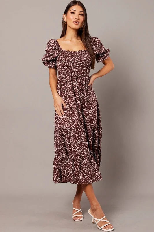 Brown Ditsy Maxi Dress Puff Sleeve