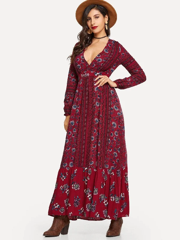 Ditsy Floral Plunge Neck Ruffle Hem Maxi Dress