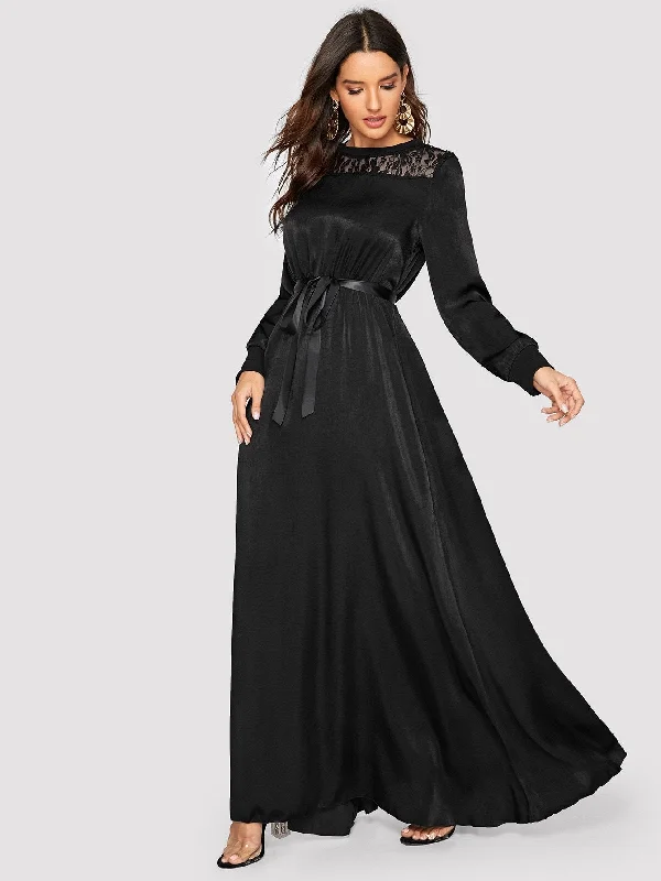 Lace Yoke Ribbon Tie Satin Maxi Dress