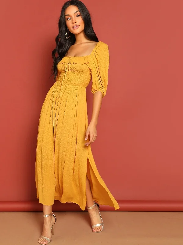 Tied Ruffle Neck Smocked Split Maxi Dress