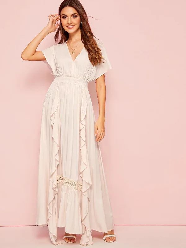 V Neck Ruffle Trim Lace Insert Maxi Dress