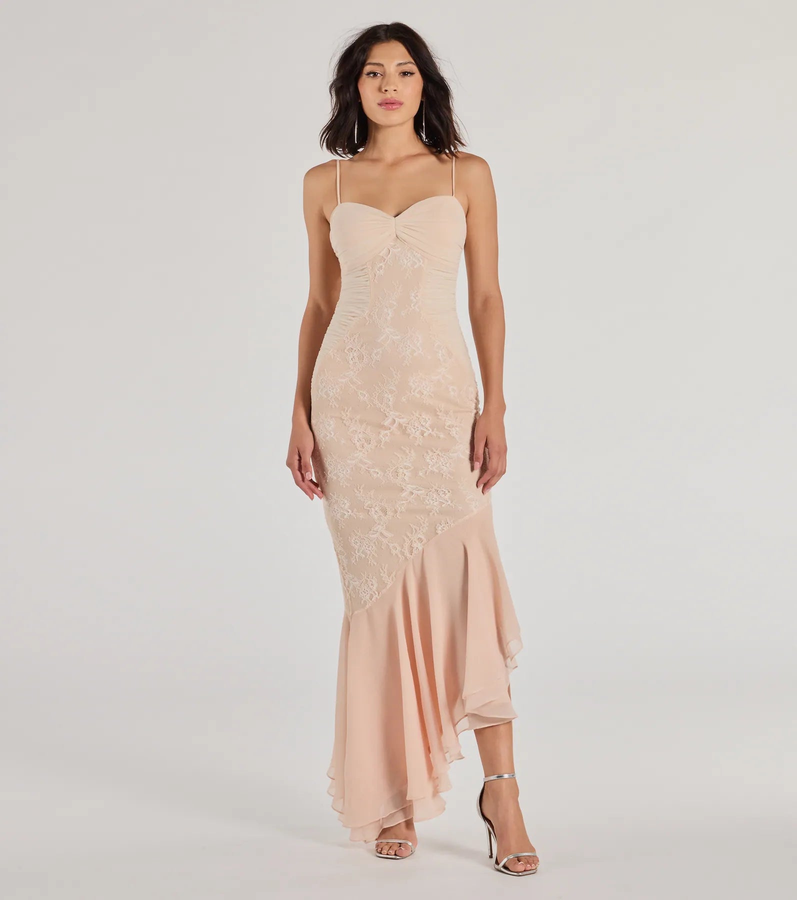 Brinley Lace Chiffon Asymmetric Mermaid Dress