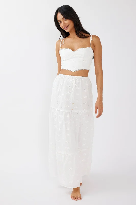 Gracelyn Drawstring Embroidery Maxi Skirt White