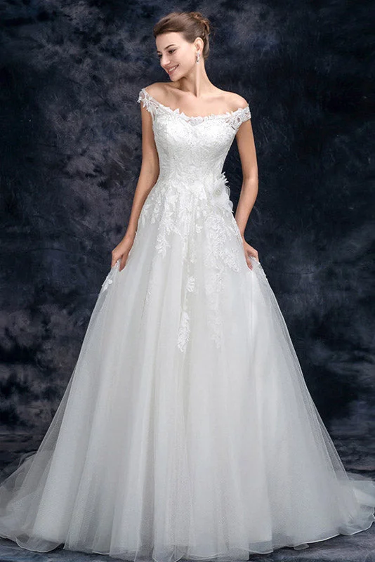 A Line Off the Shoulder Appliques Tulle Long Wedding Dresses, Bridal Dresses OKQ26