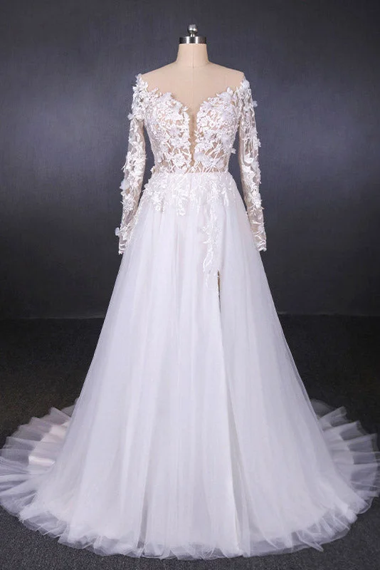 A Line Tulle Lace Appliques Long Sleeves Wedding Dresses, Cheap Bridal Dresses OKQ28