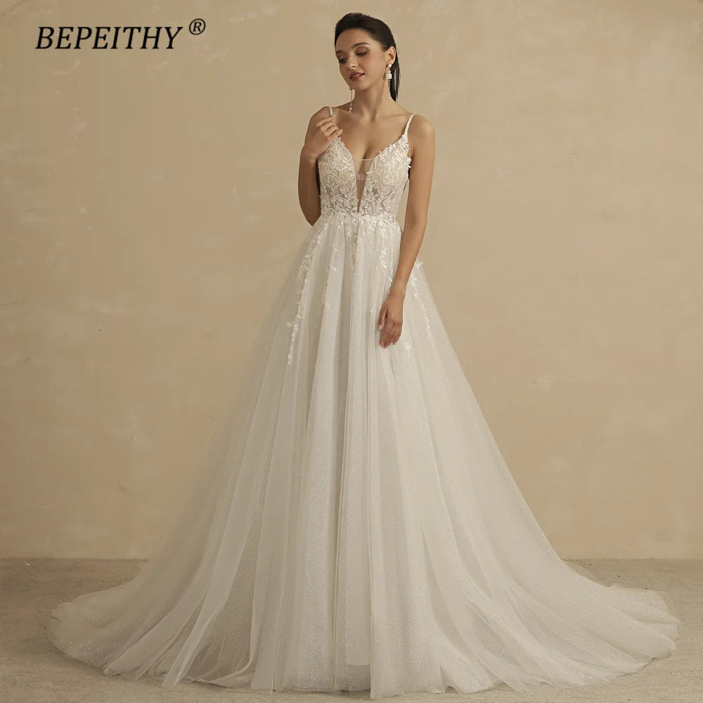 Deep V Neck Spaghetti Straps A Line Lace Wedding Dresses For Women