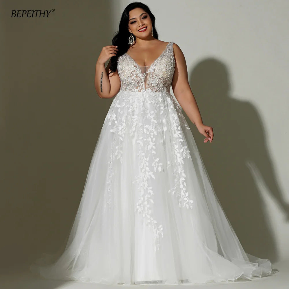 Boho Wedding Dresses For Plus Size Women Bride Sleeveless A Line Ivory