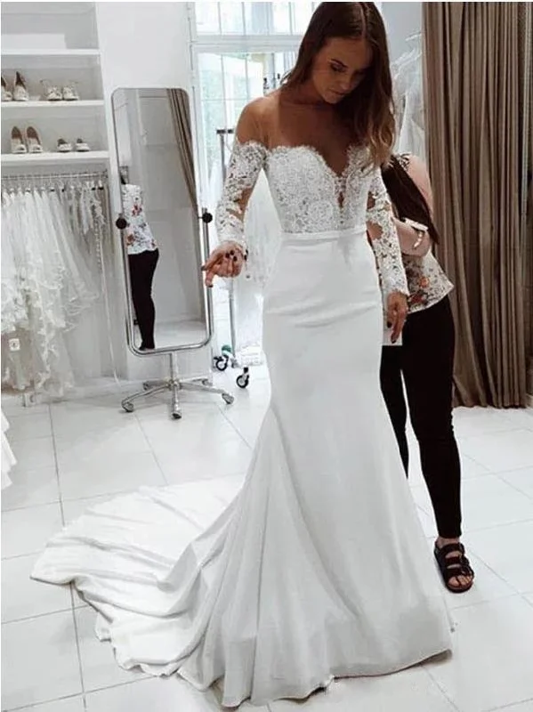 Fashion One Shoulder Lace Long Sleeve Dress Mopping Wedding Dress