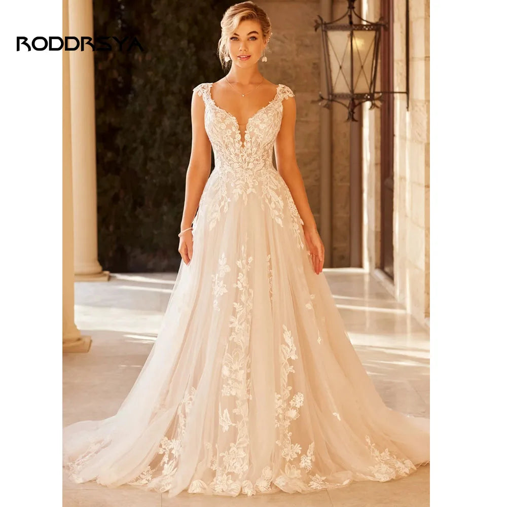 Elegant Wedding Dress For Women V-Neck Cap Sleeve Lace