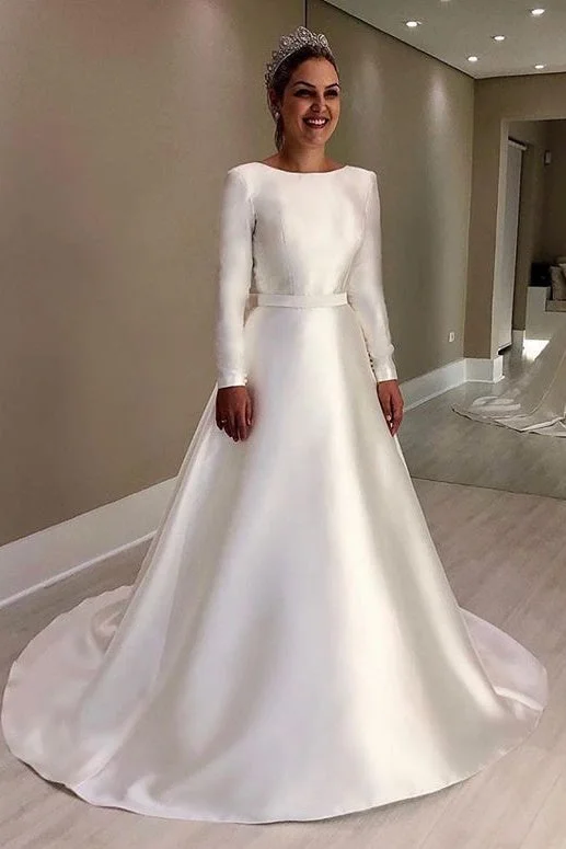 Vintage Long Sleeves Ivory Backless Simple Style Wedding Dress With Bowknot OKD96