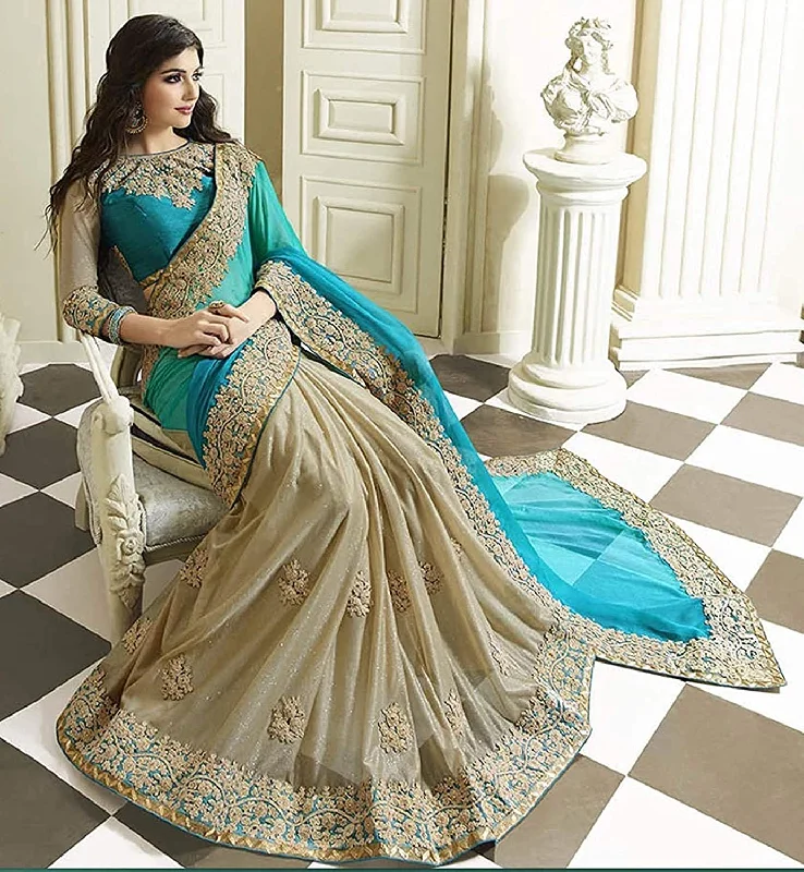 Women Bollywood Style Lycra Saree With Blouse Piece Indian Traditional Saree Wedding Dress Handmade Famous Actress Style Party Wear Free Size  Ethenic Wear Clothes For Women Embroidered